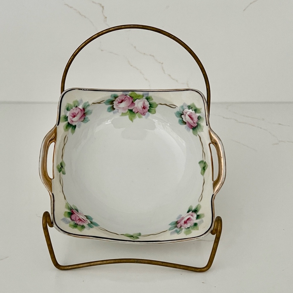 Nippon Hand Painted Floral Square Dish with Gold Accents